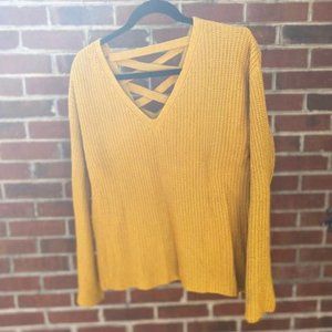 Long Sleeve Loose Fit Criss Cross Back, Wide V-Neck Fall Knit Sweater, LARGE